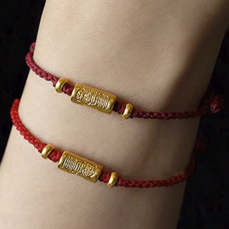 Buddha Stones 999 Gold Good Luck Amulet Carved Design Handmade Strength Braided Rope Bracelet