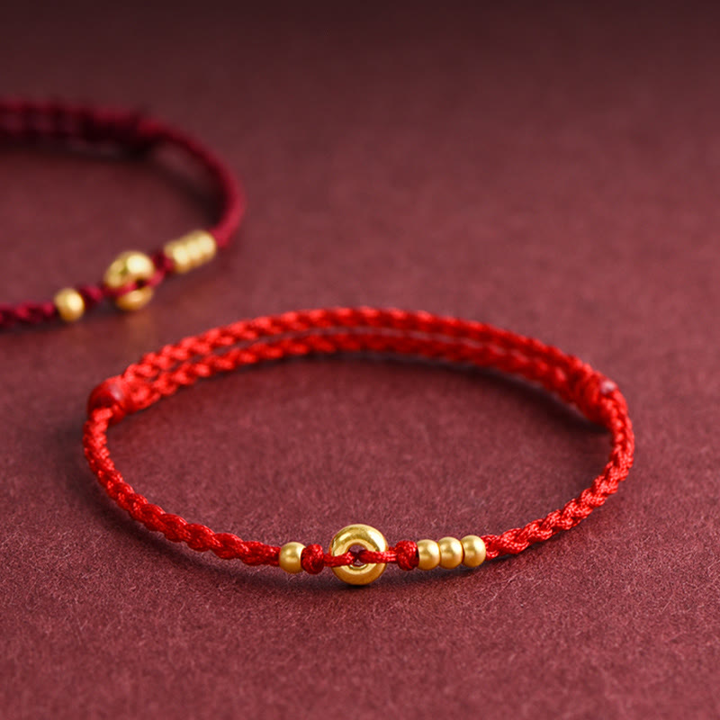 Buddha Stones 999 Gold Small Peace Buckle Design Handmade Luck Braided Rope Bracelet Anklet