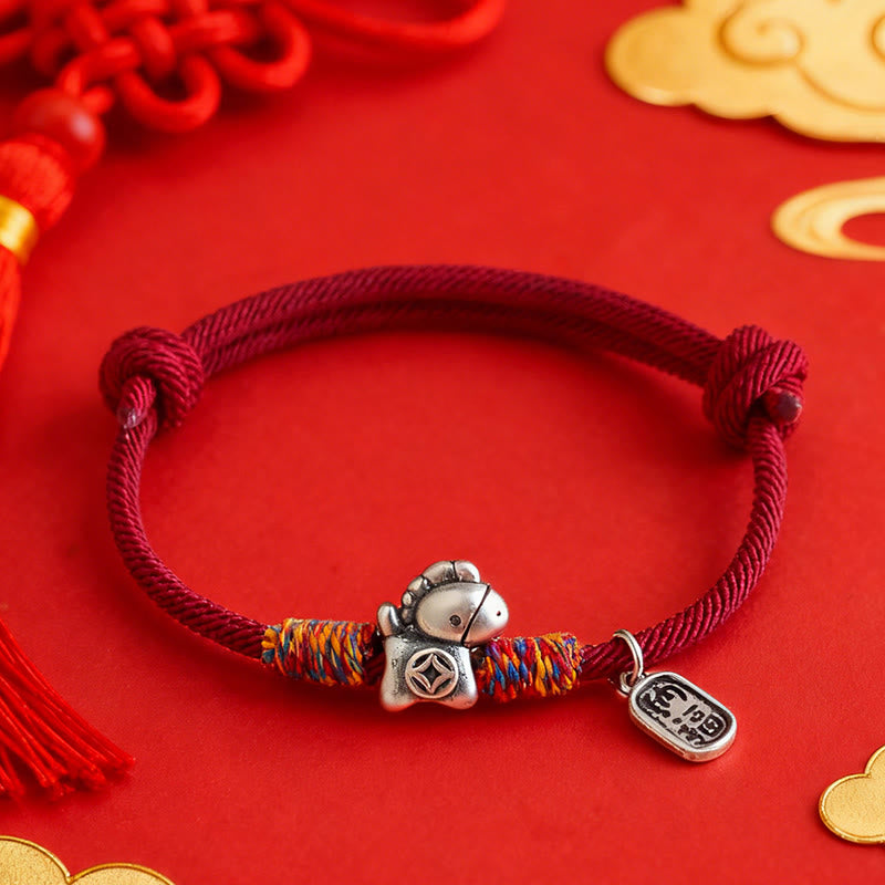 Buddha Stones 999 Sterling Silver Year Of The Horse Fu Character Attract Fortune String Rope Luck Bracelet