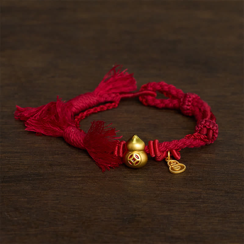 Buddha Stones Alloy Gourd Shaped Chinese Coin Gourd Pendant Wealth Double-Strand Red String Bracelet