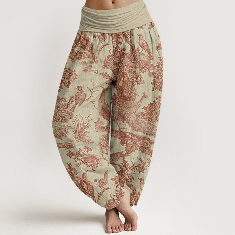 Buddha Stones Cotton Birds Trees Branches Pattern Women's Elastic Waist Harem Pants
