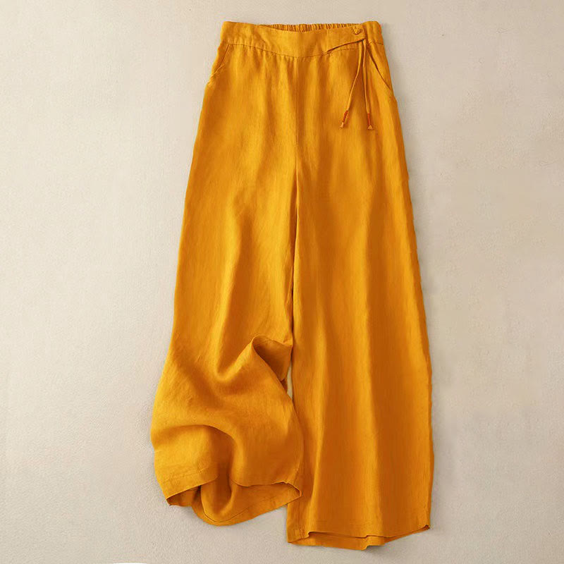 Buddha Stones Casual Solid Color One Button Women's Capri Wide Leg Pants With Pockets