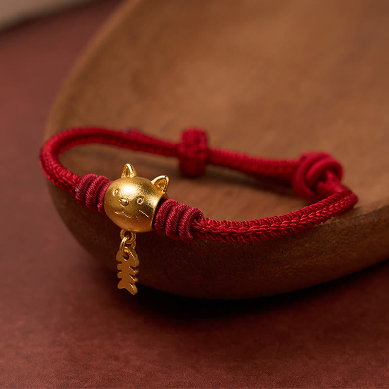 Buddha Stones Copper Cute Cat Fish Red String Healing Bracelet