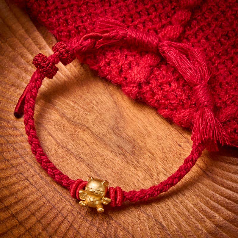 Buddha Stones Copper Lucky Cat Charm Red String Wealth Bracelet