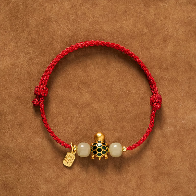 Buddha Stones Copper Turtle Hetian Jade Fu Character Luck Red String Bracelet