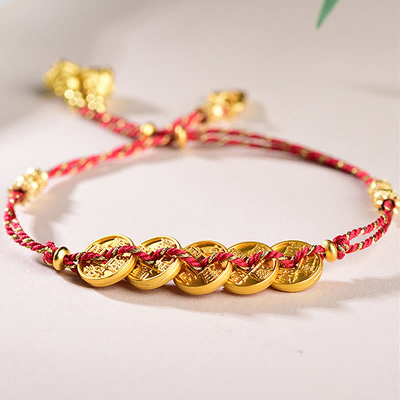 Buddha Stones Five-Emperor Coins Copper Balance Hand-Woven String Bracelet