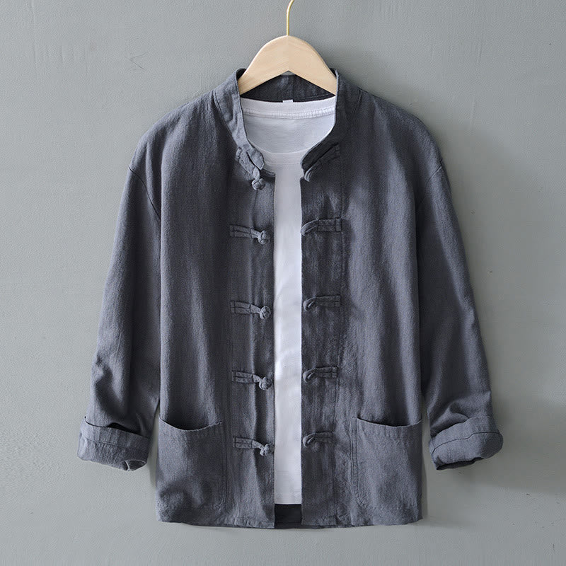 Buddha Stones Frog-Button Chinese Tang Suit Cotton Linen Men Shirt With Pockets