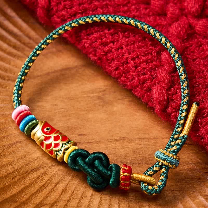 Buddha Stones Hand-Woven Dark Green Yellow String Red Koi Fish Protection Bracelet