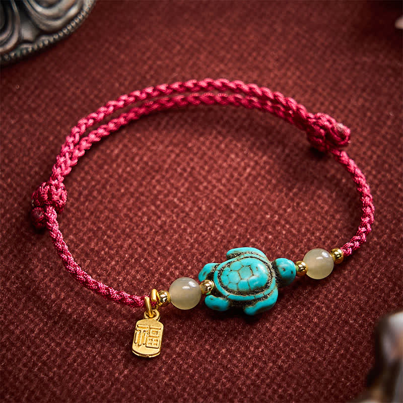 Buddha Stones Hand-Woven Turquoise Turtle Fu Character Jade Beads Luck Rope Bracelet