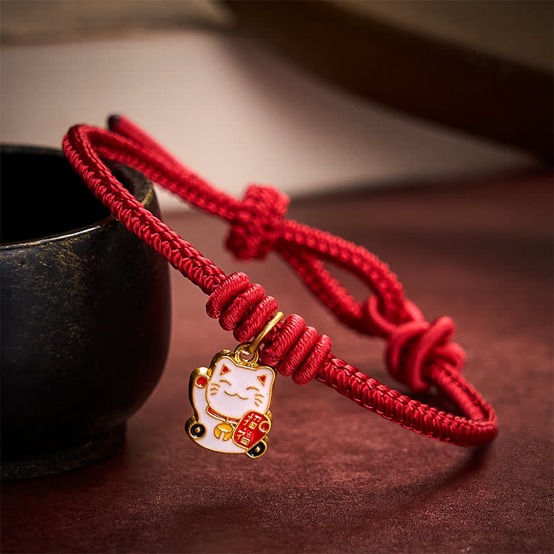 Buddha Stones Handmade Braided Red String Lucky Cat Bringing Good Fortune Fu Character Adjustable Bracelet