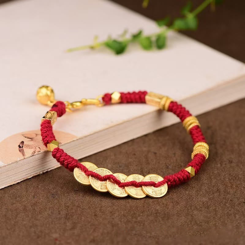 Buddha Stones Handmade Five Emperor Coins Wealth String Braided Bracelet