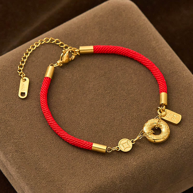 Buddha Stones Peace Buckle Attract Fortune Charm Titanium Steel Red String Connection Bracelet
