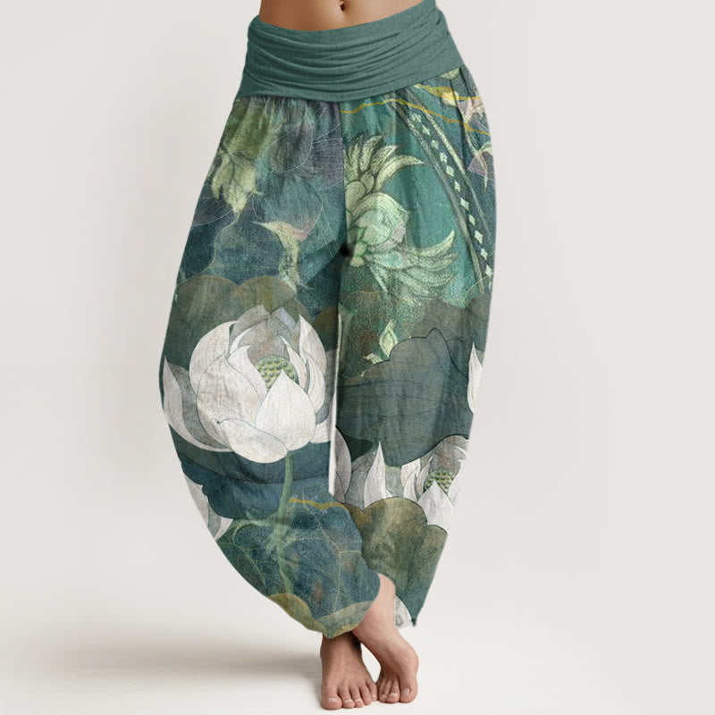 Buddha Stones Cotton White Lotus Leaves Pattern Casual Women's Elastic Waist Harem Pants